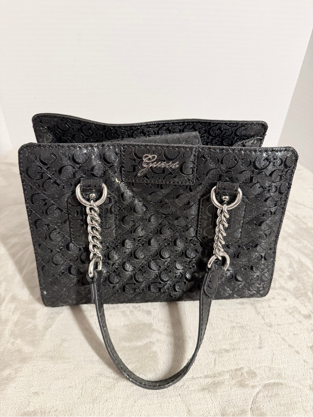 GUESS Black Signature Tote Bag with Chain Handles
